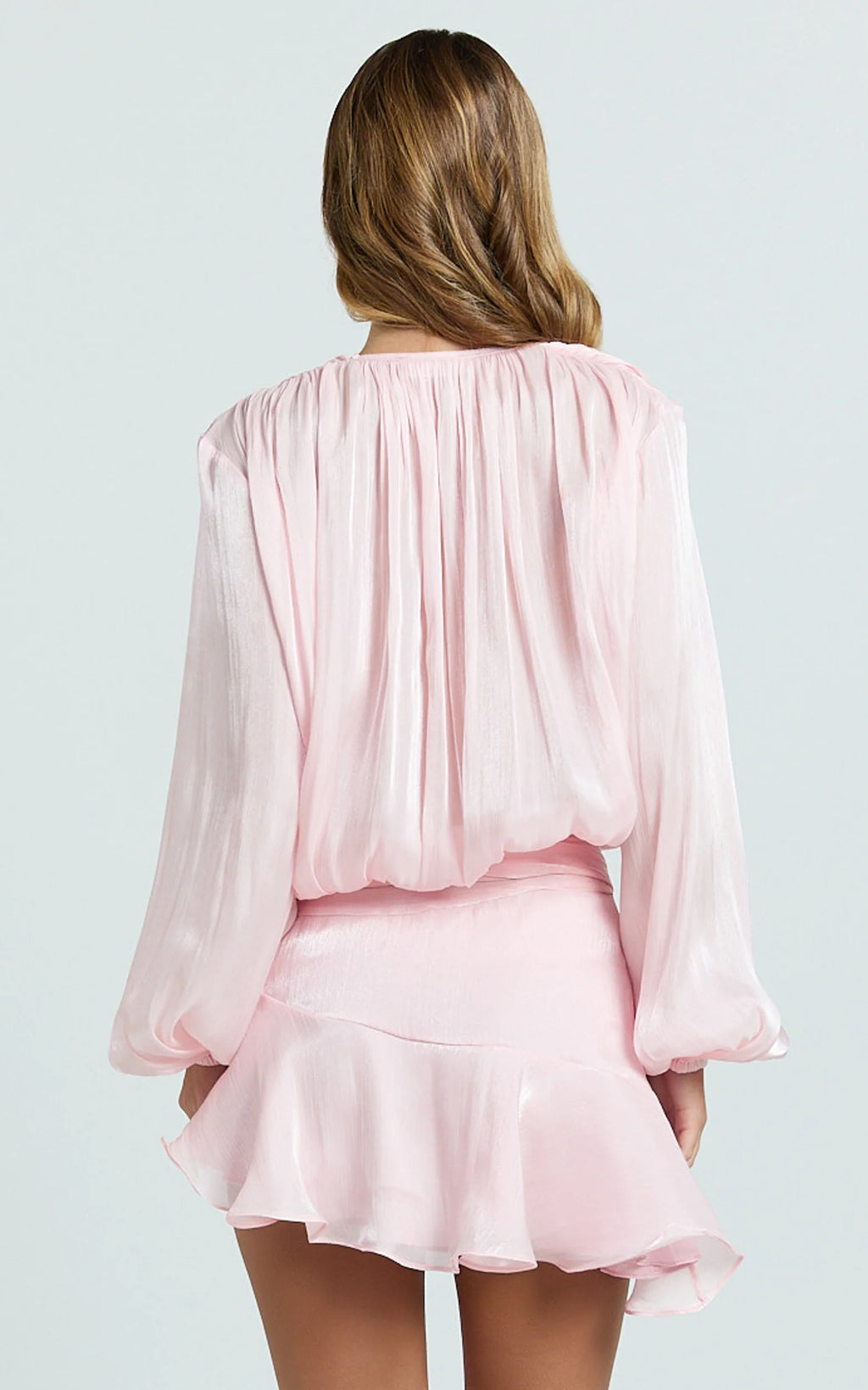Carmela Mini Dress - Long Sleeve Tie Neck Ruffle Skirt Dress in Pink